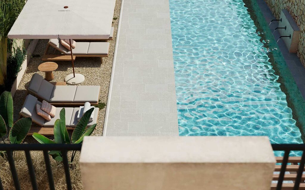 Luminous outdoor spaces with cozy, refined details designed with care in Mallorca townhouses