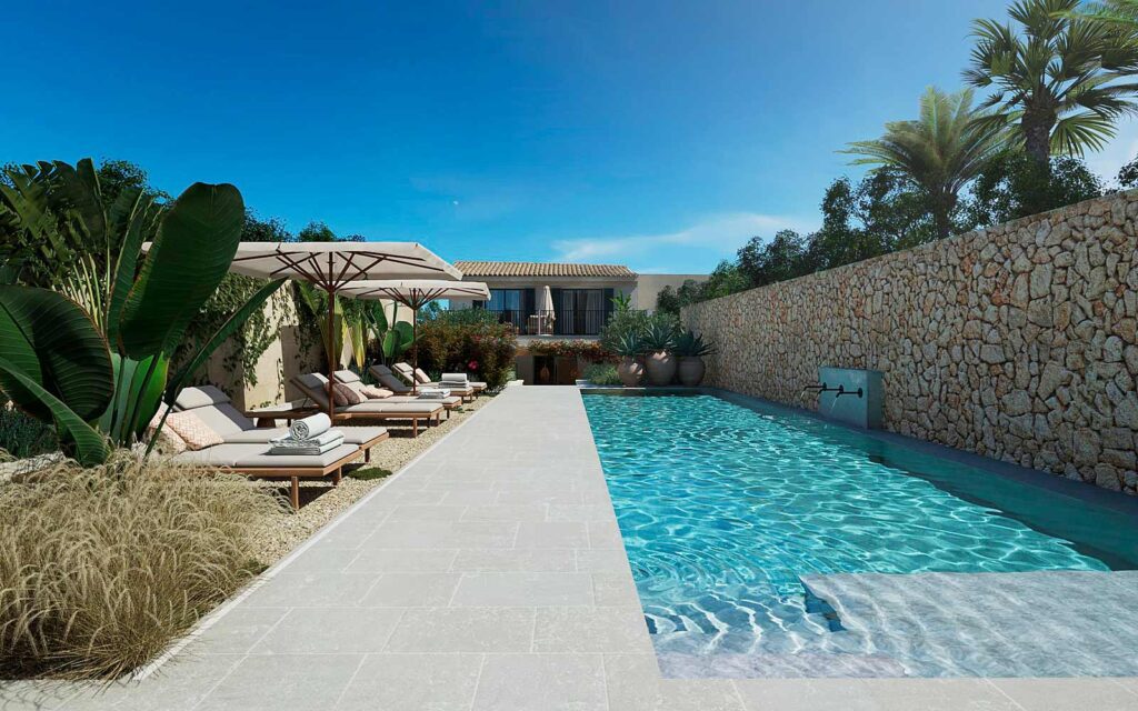 Radiant pools surrounded by lush greenery, designed with precision and elegance in Mallorca homes