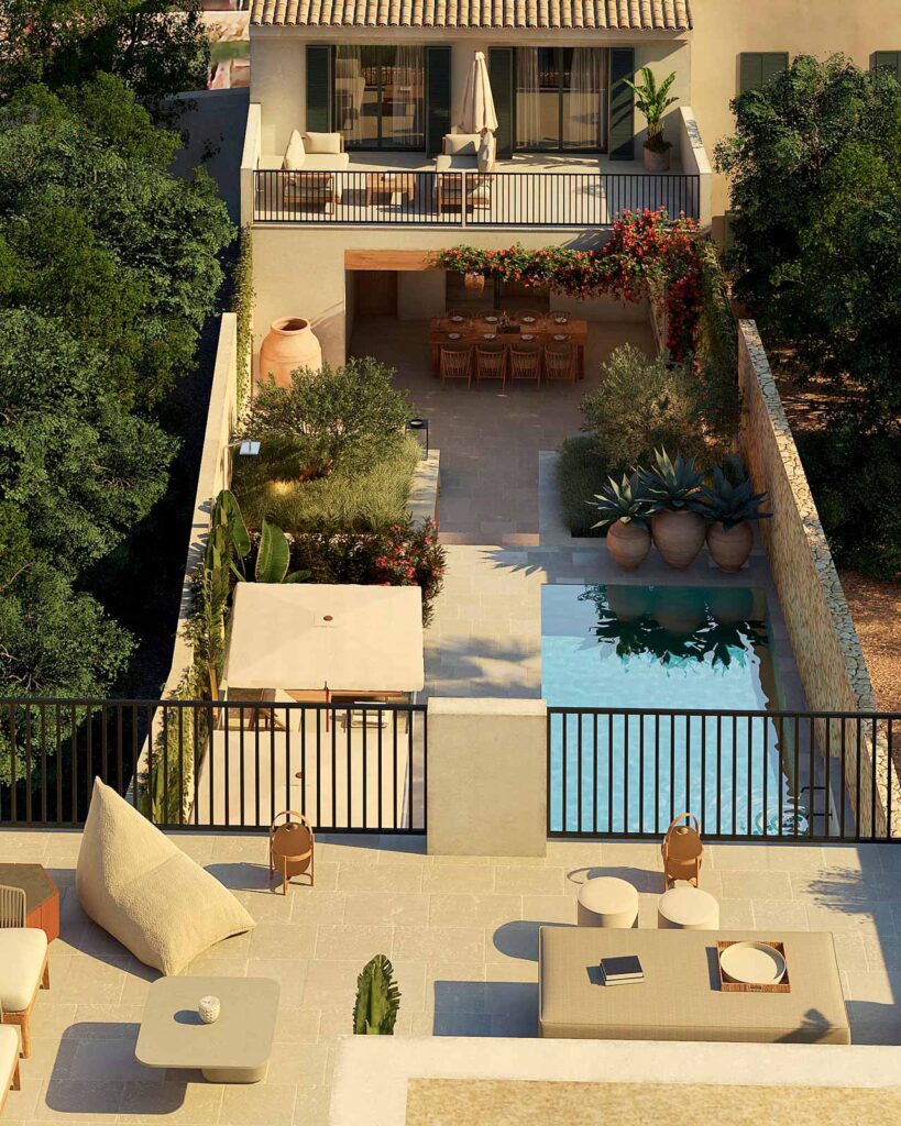 Sunlit gardens and terraces created with exceptional care and warmth in Ses Salines townhouses